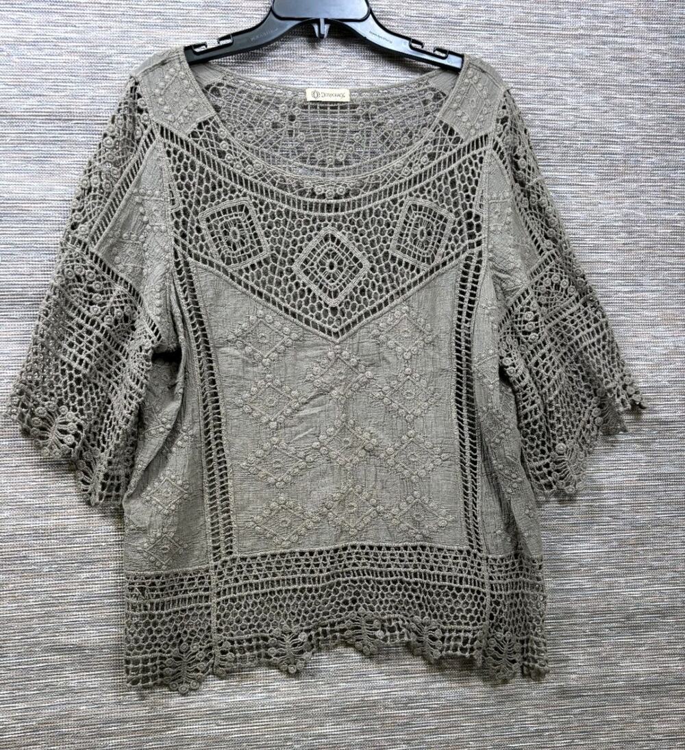 Democracy Top Crochet Lace Embroidered Peasant Blouse Boho Hippie Olive Size L